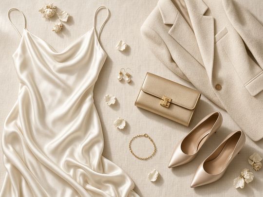 Fashion flat-lay of an ivory silk dress and accessories