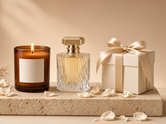 Luxury candle, perfume and gift box product photography